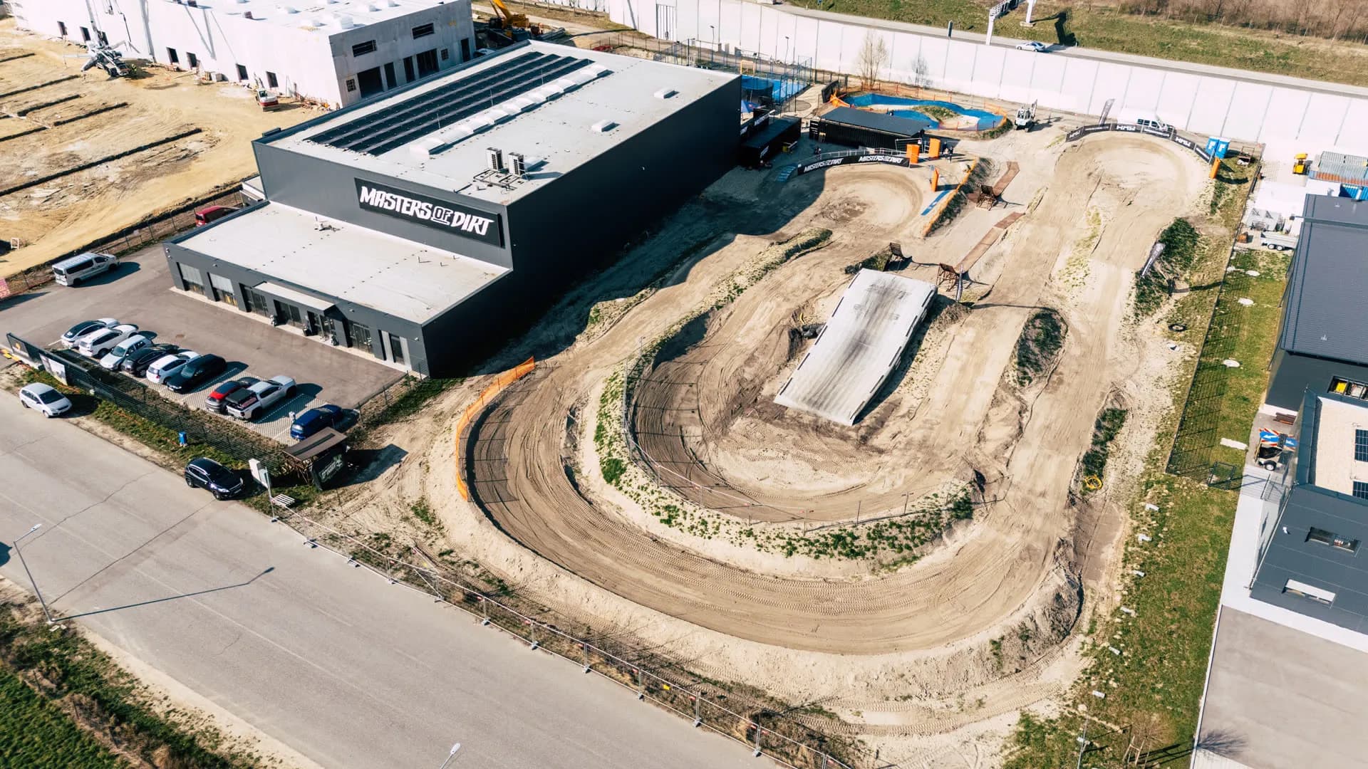 Aerial view of M.O.D World: the e-motocross track next to the Masters of Dirt HQ