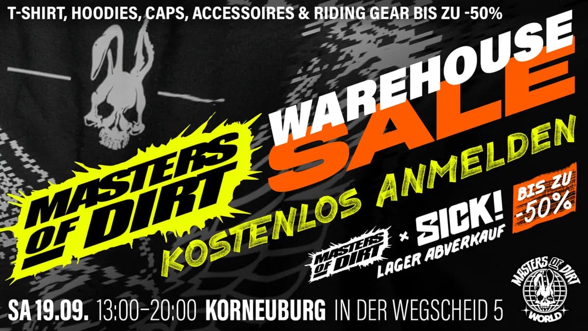 Warehouse Sale poster: up to −50% on Masters of Dirt and SICK! fashion